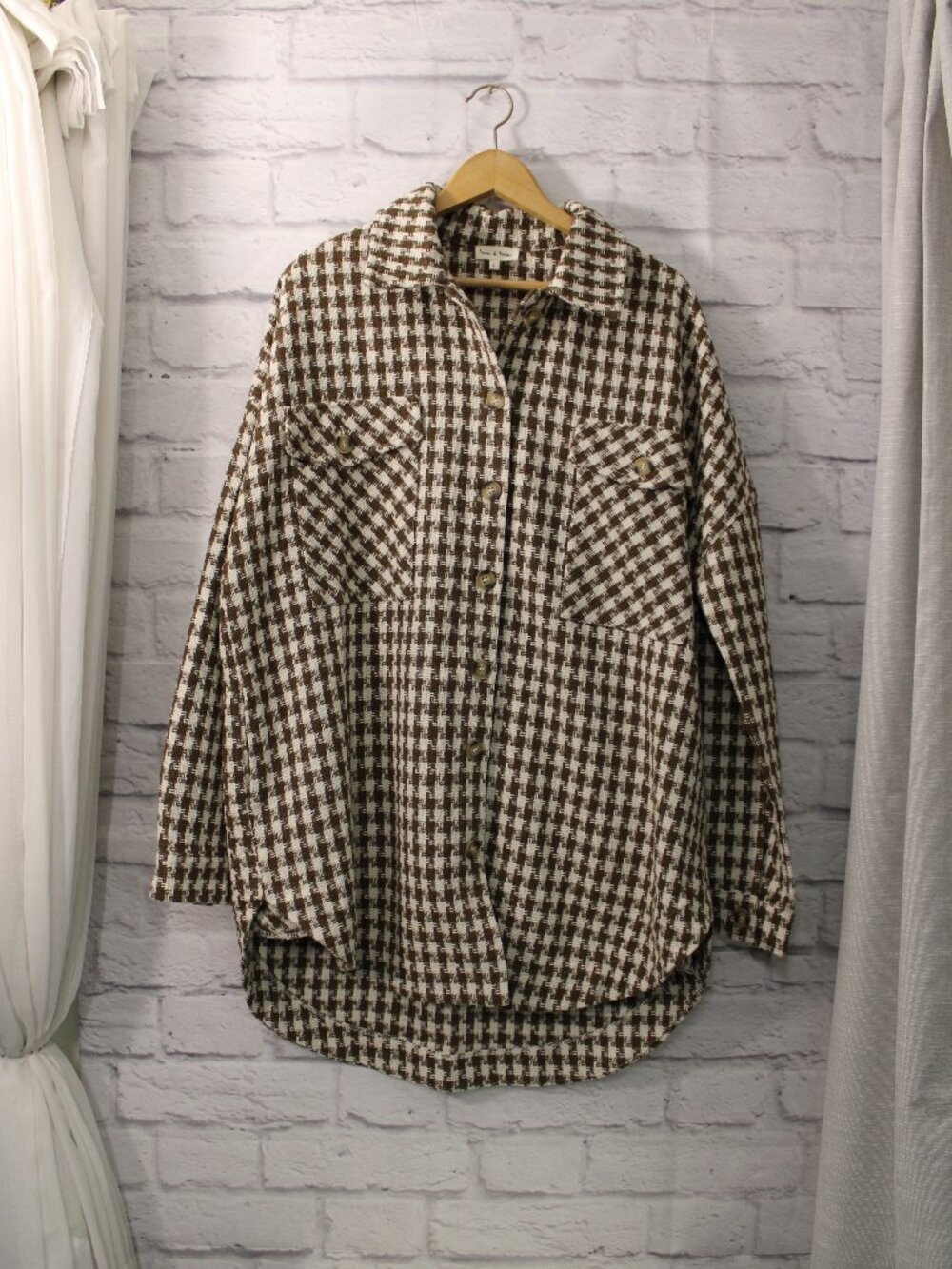Aaron & Amber Shirt Jacket Large Brown White Houndstooth Check Button Front Fall